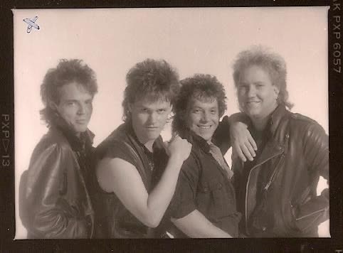 John Seppala with his band, leather jackets, 1980s promo photo